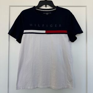 Tommy Hilfiger Men's Black and White Tee with Red Stripe